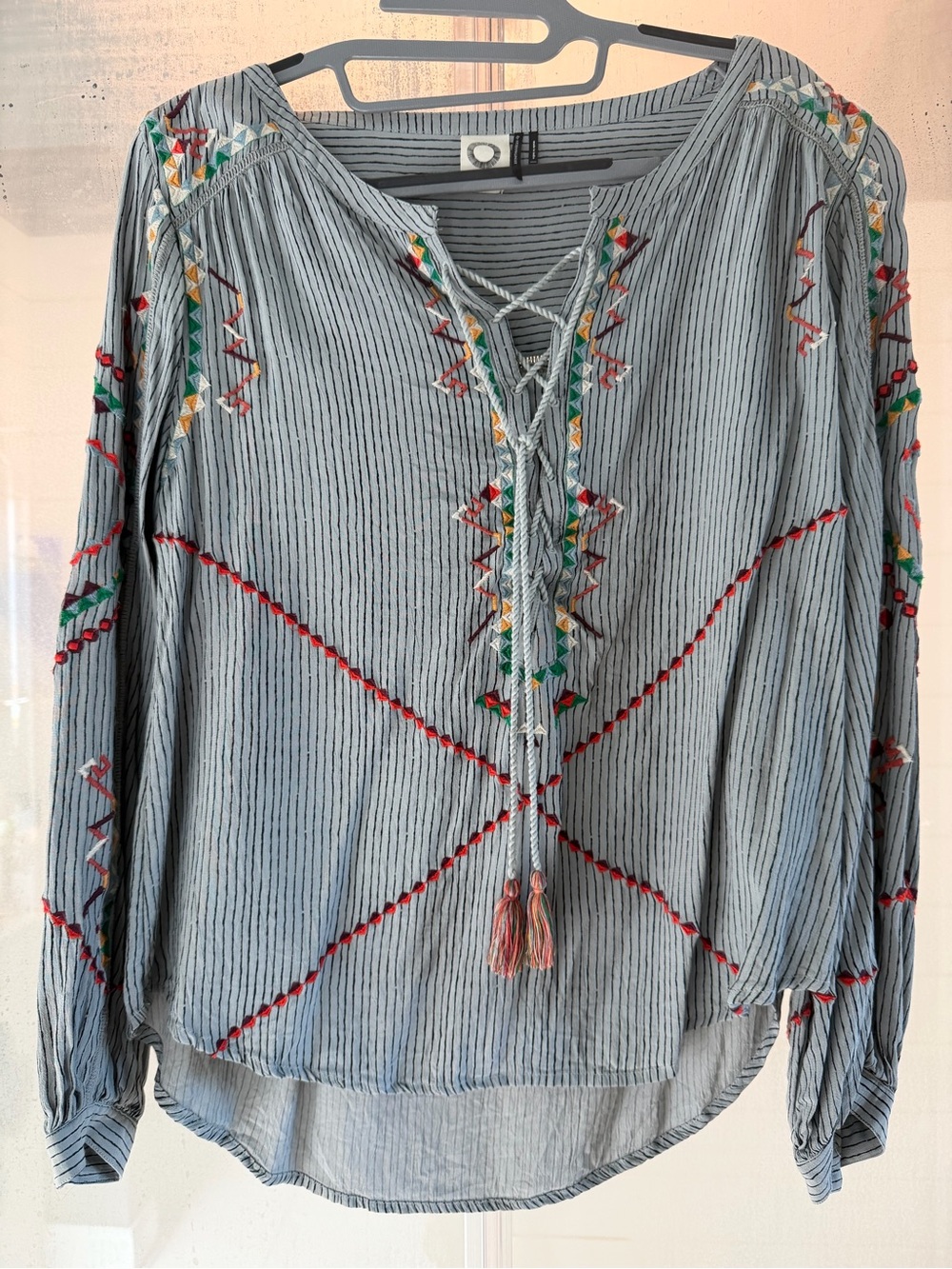 Anthropologie Striped Light Blue Embroidered Peasant Tunic with Tassel Tie